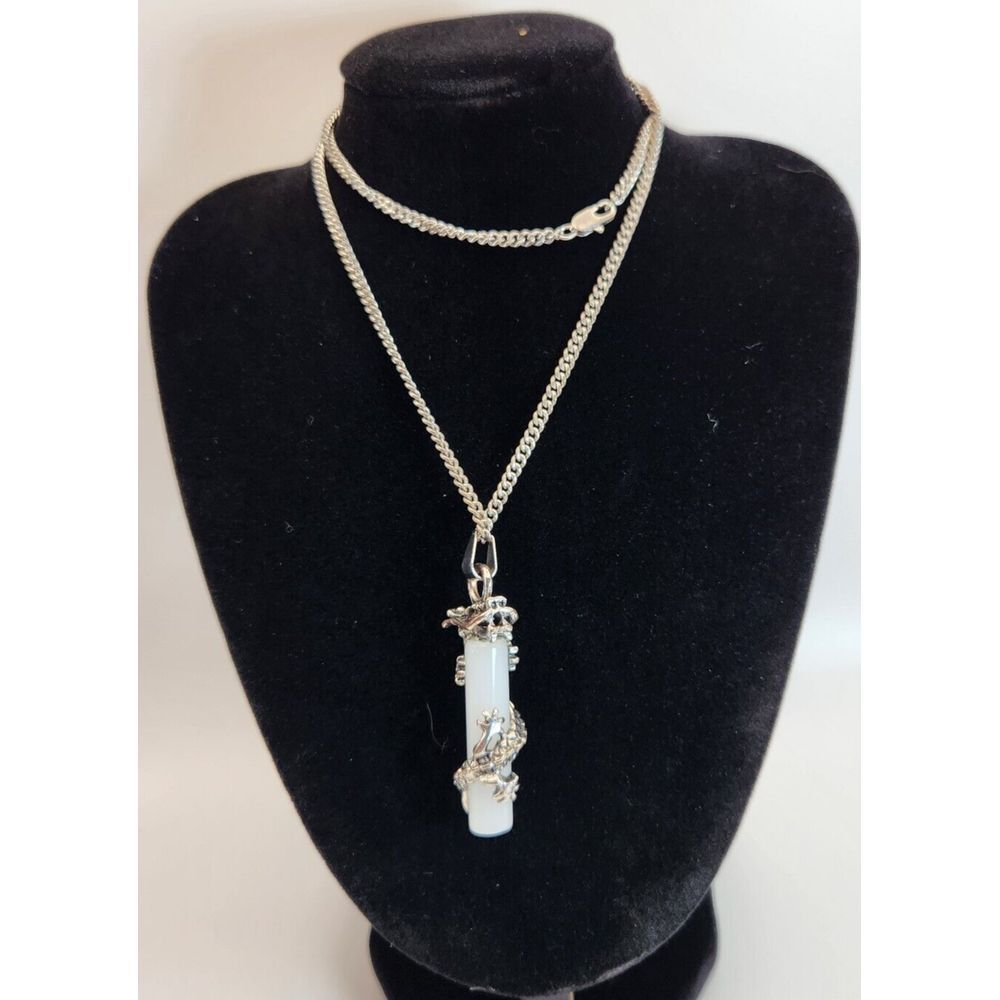 Stainless Steel Necklace Silver‎ Dragon Wrap Around Clear Crystal Stone Pendant
